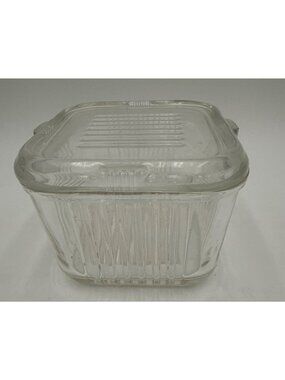 Vintage Clear Glass Refrigerator Ribbed Design Dish With Lid No Chips/Cracks